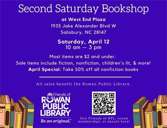 Purple flyer with white text detailing the Friends' Second Saturday Bookshop April 2025 sale