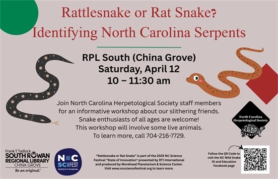 flyer featuring images of cartoon snakes, an RPL logo, an NC SciFest logo, and the NC Herpetological Society logo and black text