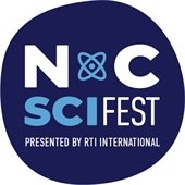 round navy blue logo with white text that says "NC SciFest Presented by RTI International"